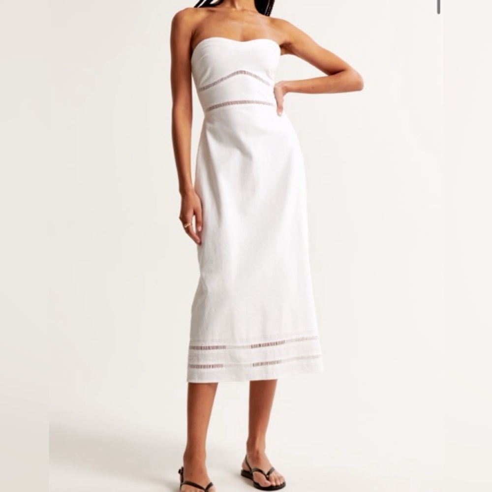 Abercrombie & Fitch White Strapless Midi Dress with Eyelet Trim